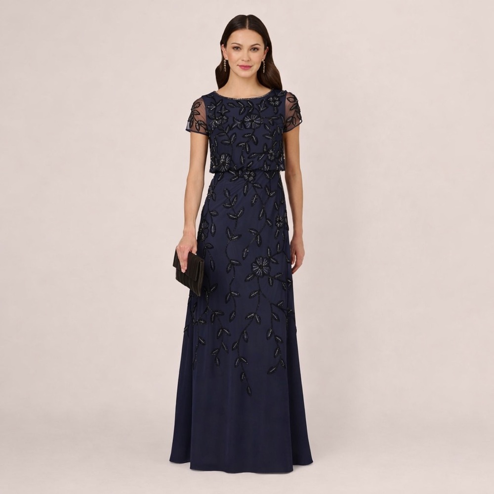 Adrianna Papell Navy Beaded Floral Gown NWT SZ 24W Formal Evening Short Sleeve